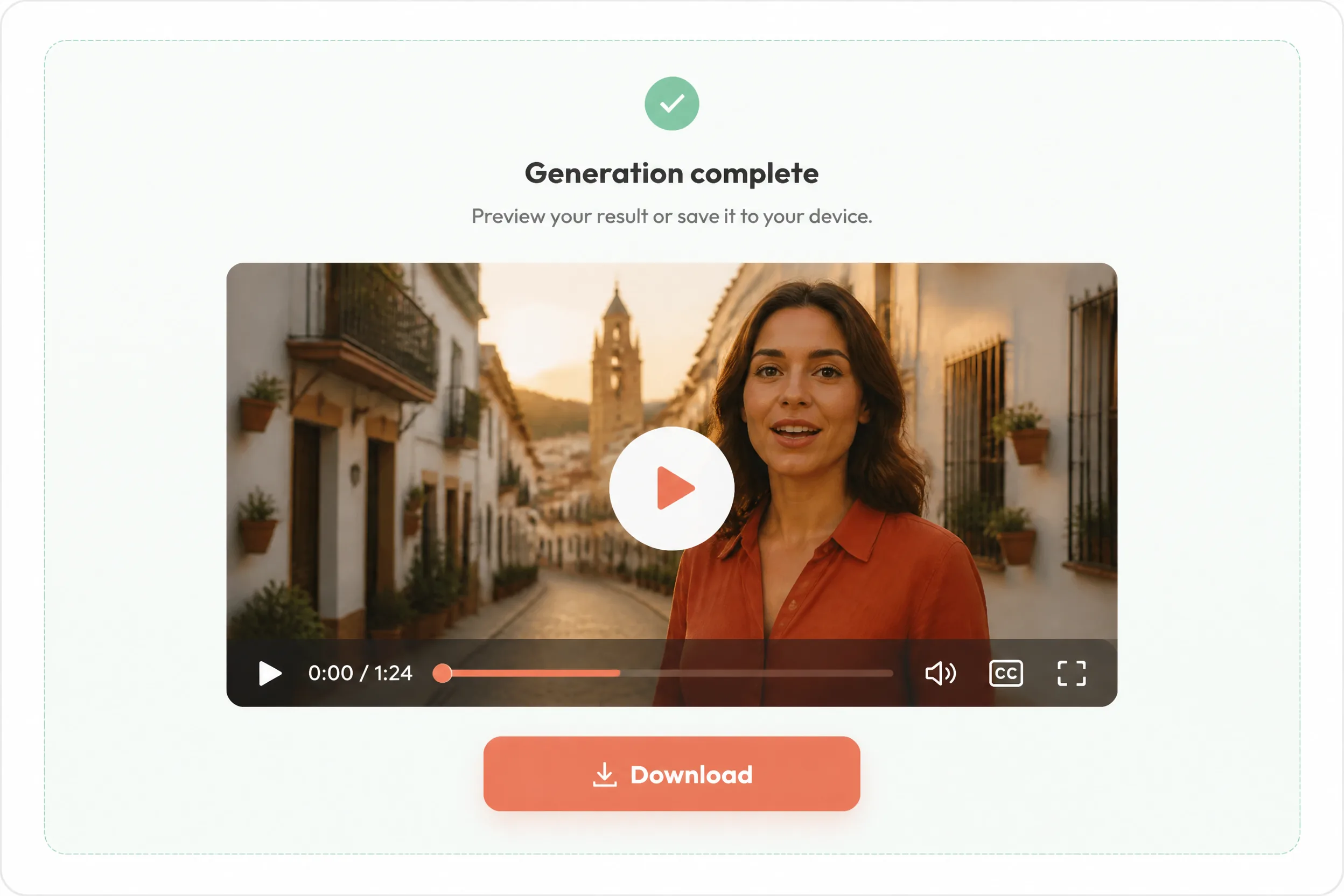 Completed AI dubbing result with a video preview and Download button