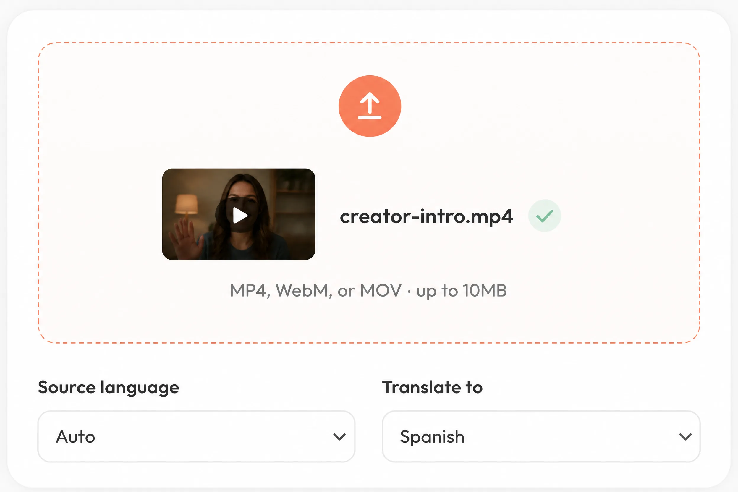 AI dubbing upload area showing a selected creator-intro.mp4 demo video