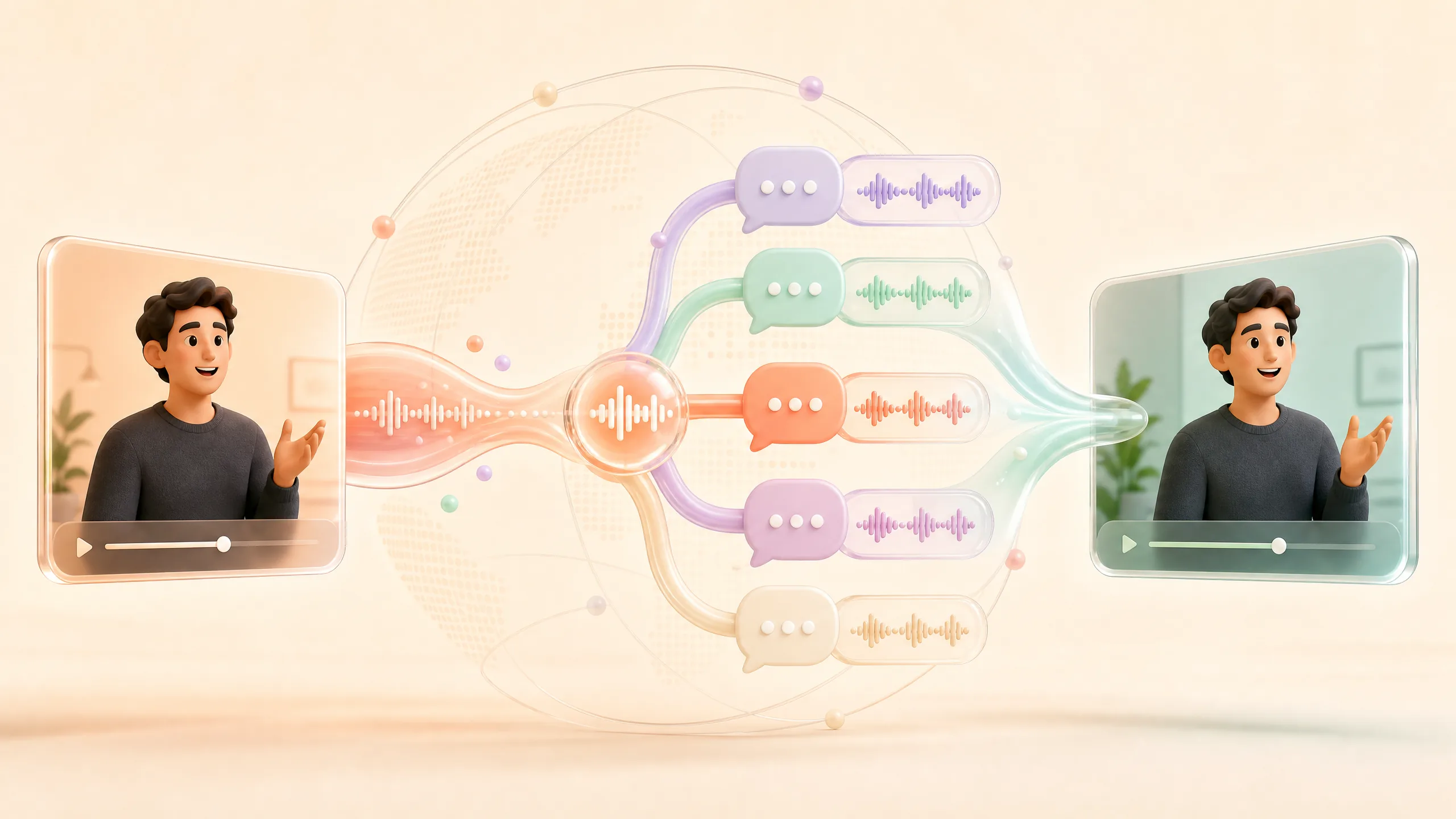 One source video branching into multiple translated audio paths and returning as a localized video