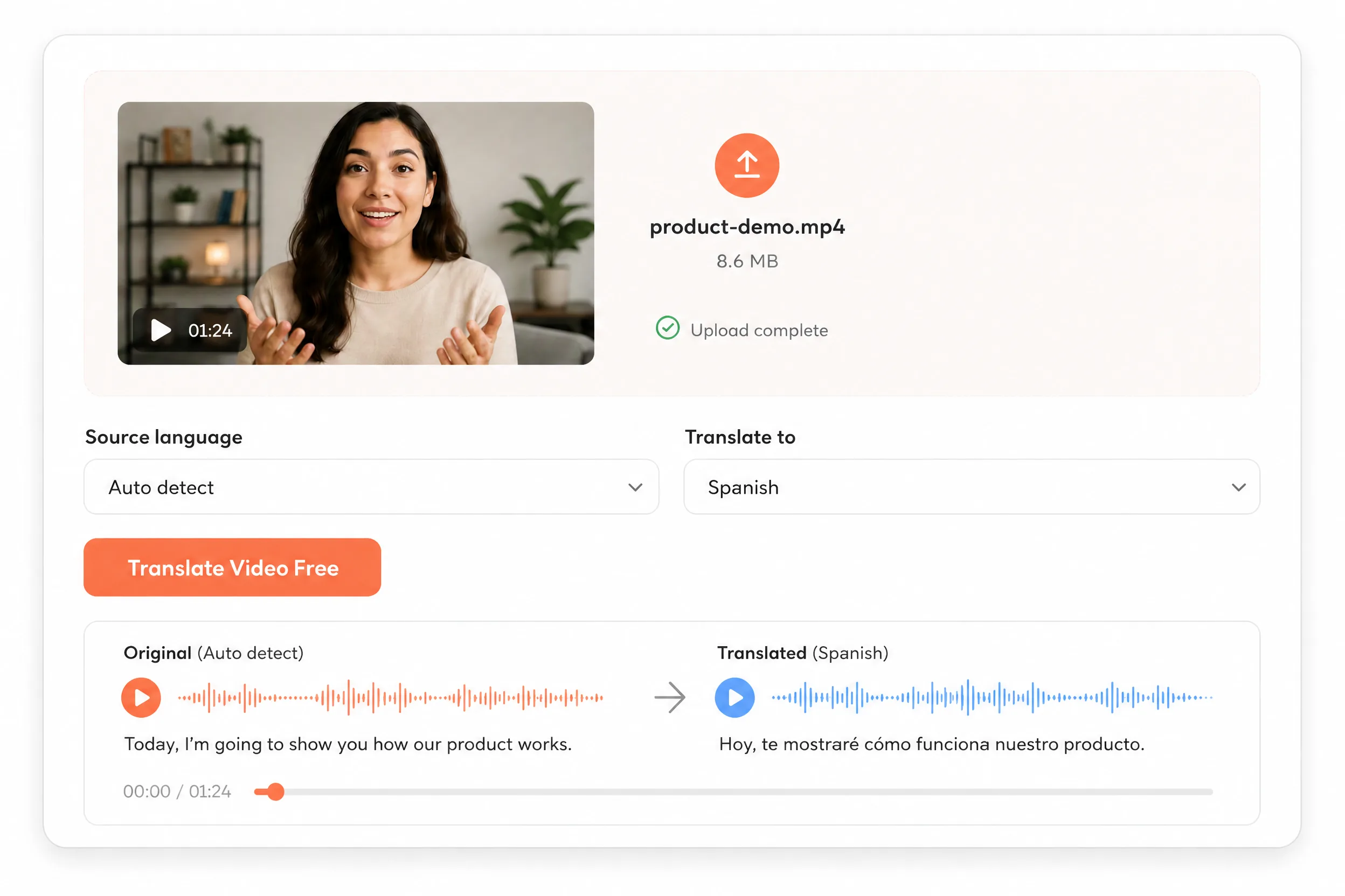 AI video translator upload and target-language interface