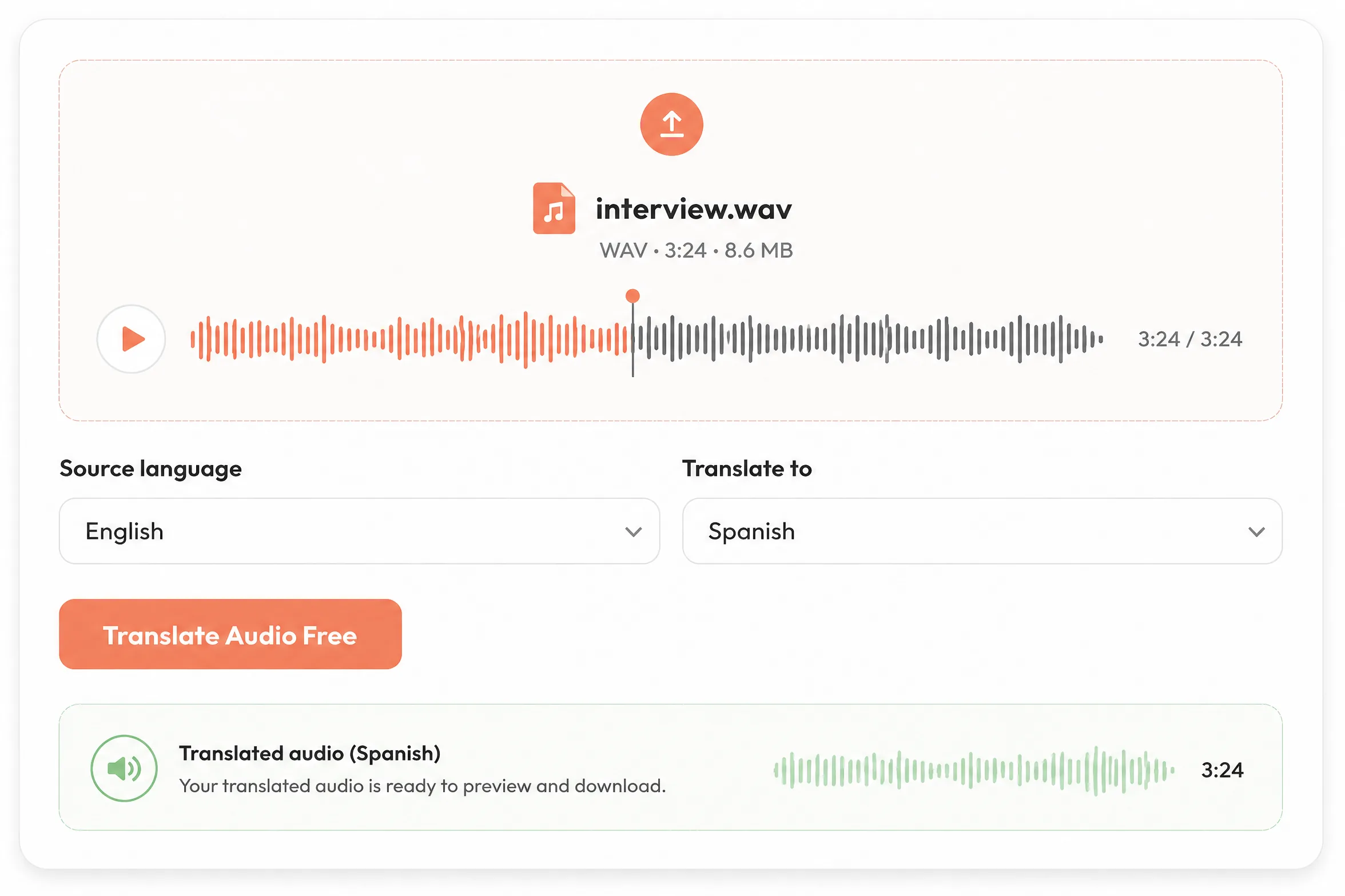 Audio translator with an uploaded WAV recording and English to Spanish controls