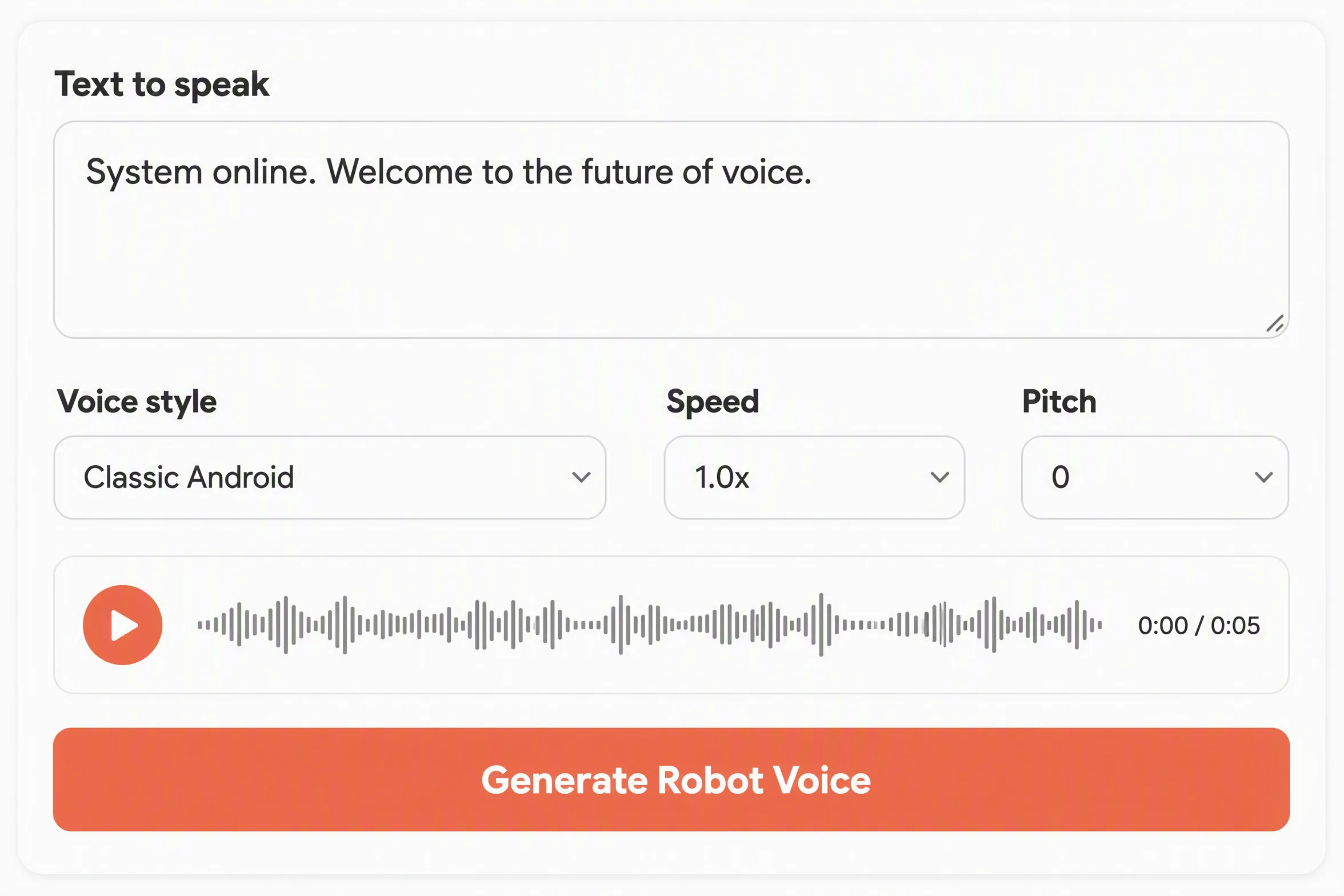 Robot voice generator with text and synthetic voice controls
