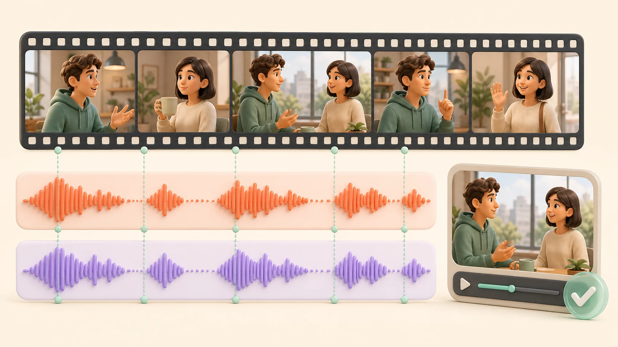Original and translated speech waveforms aligned to the same video scene changes