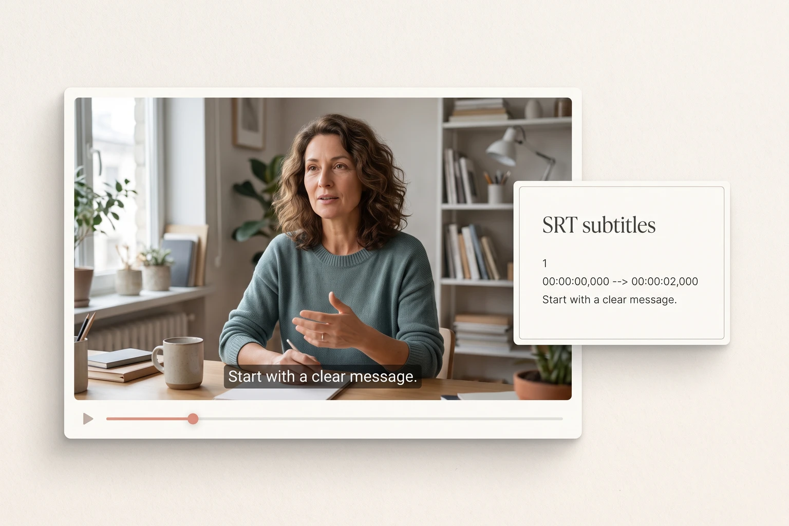 Captioning concept with a video preview beside timed SRT text