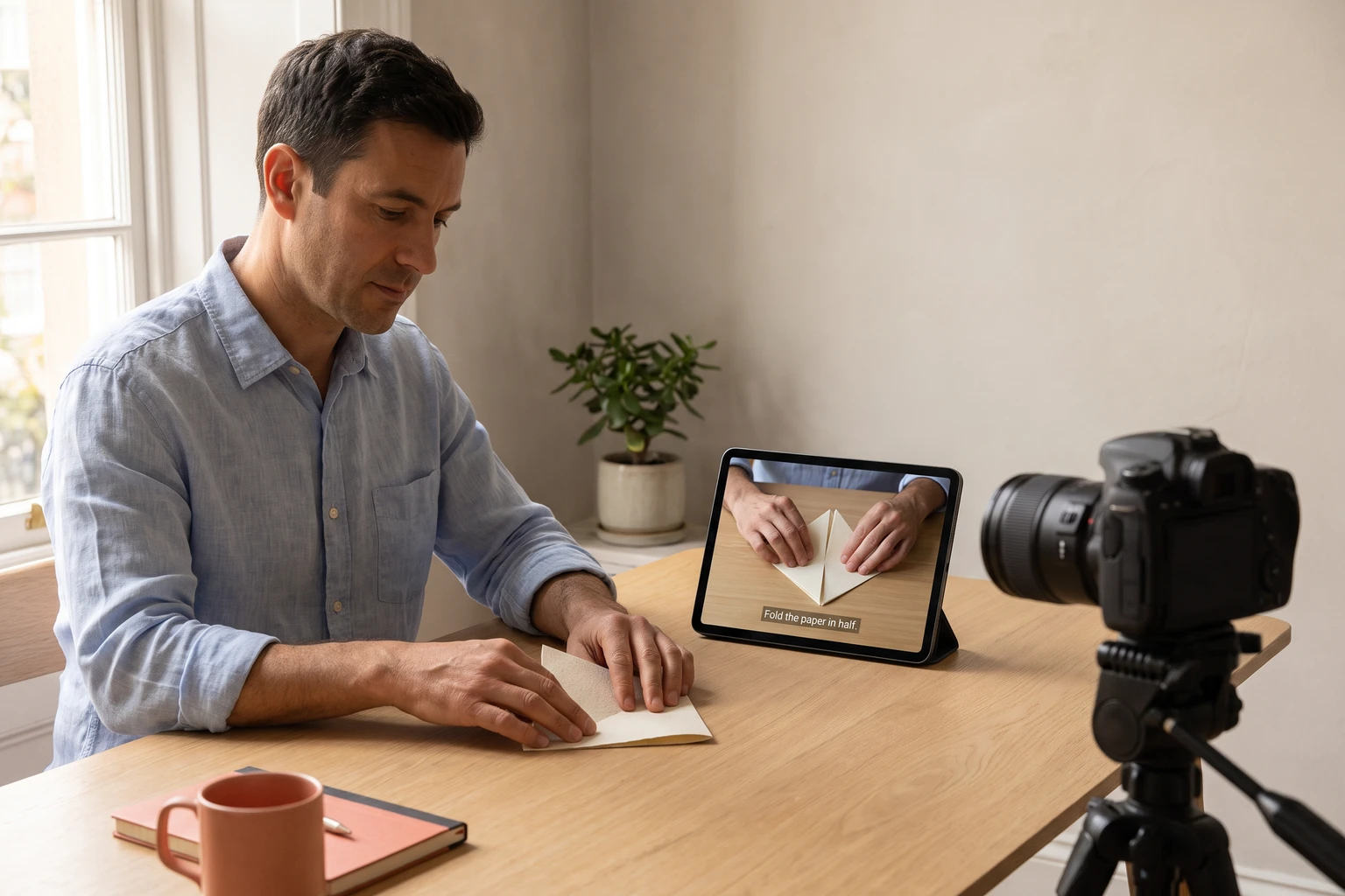 Instructor filming a hands-on lesson with subtitled tablet playback