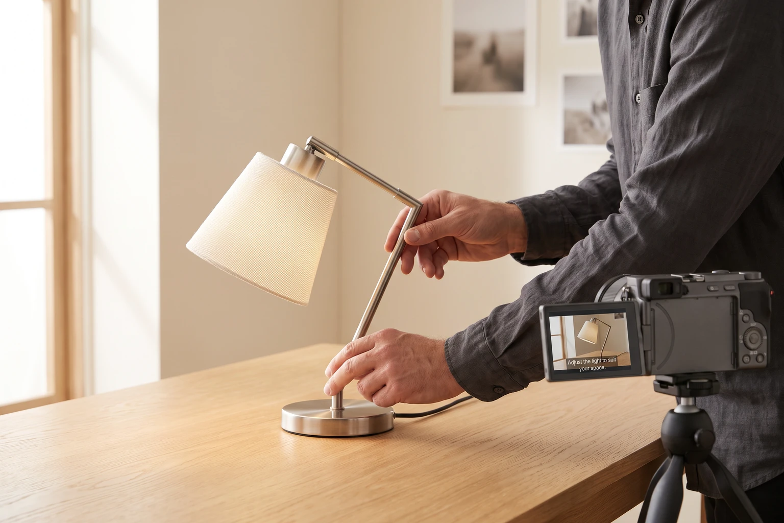 Desk lamp product shoot with a captioned video preview