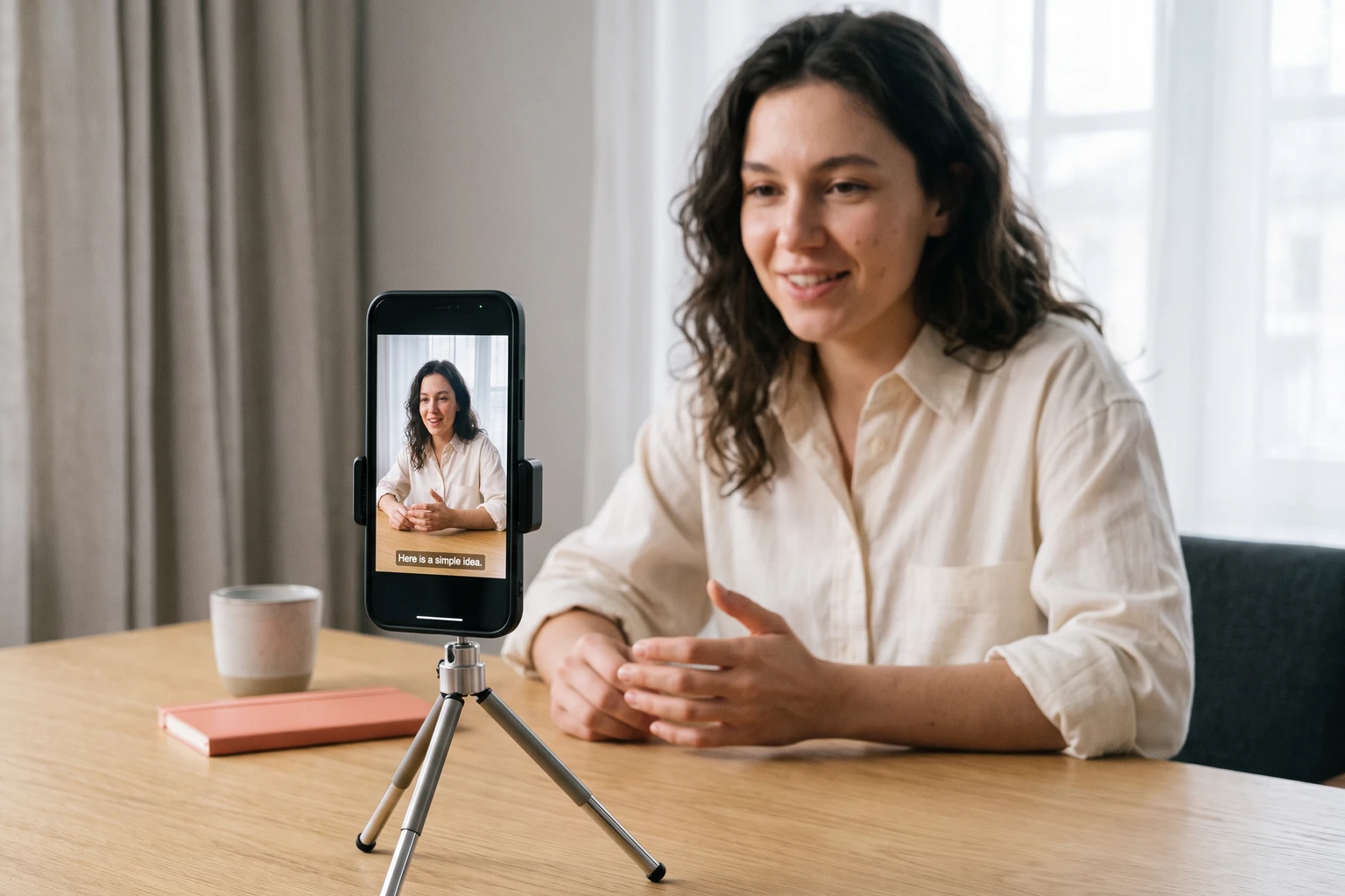 Creator recording a vertical video with captions on a phone