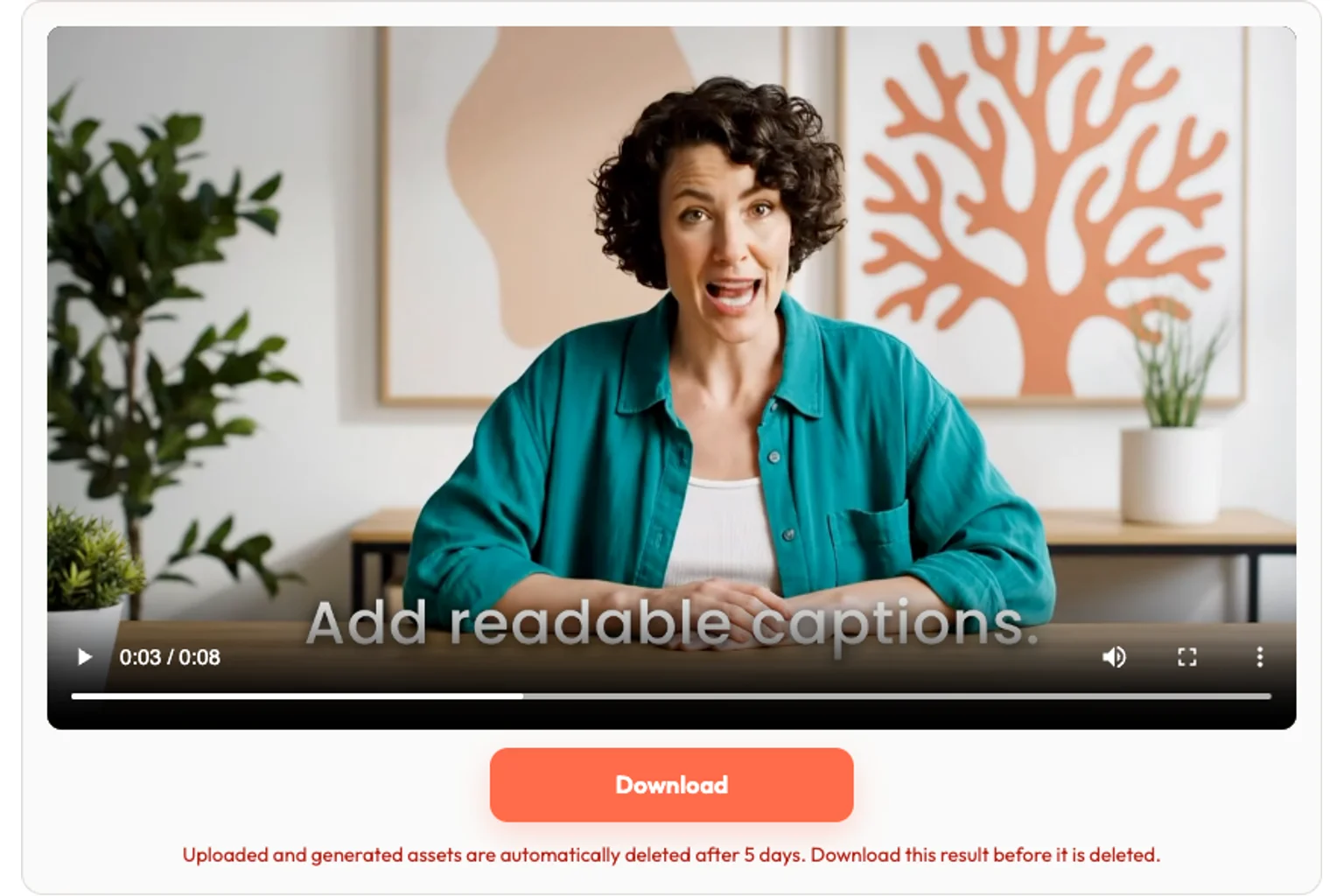 Actual captioned video result with its download button
