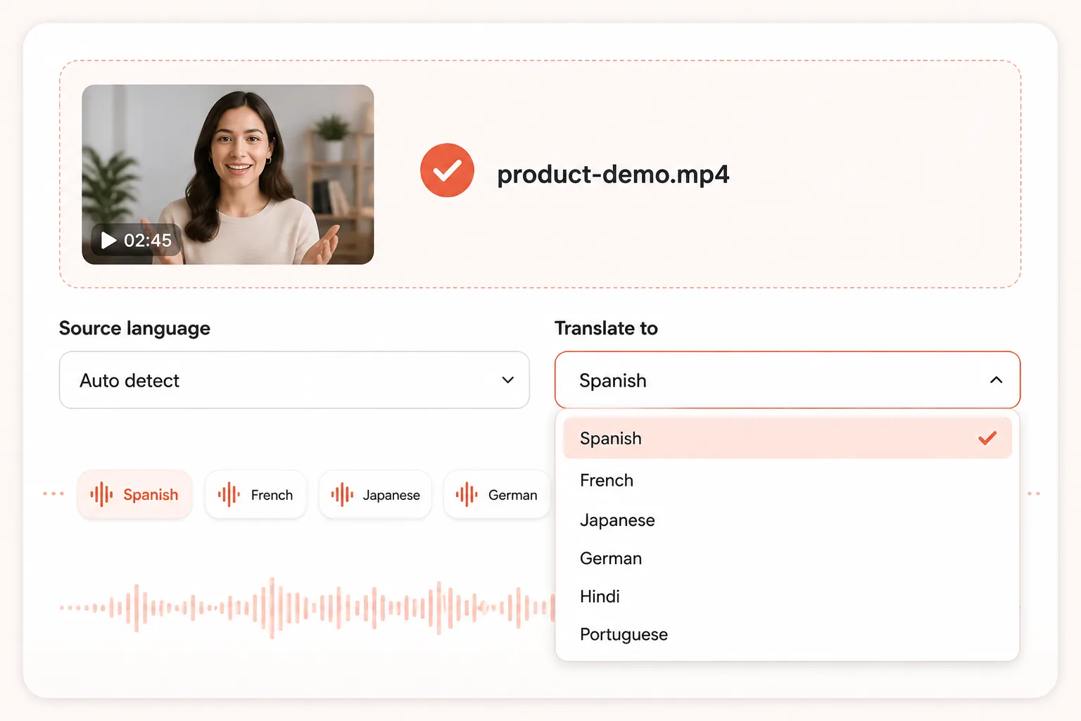 AI video translator with an uploaded video and an expanded multilingual target-language selector