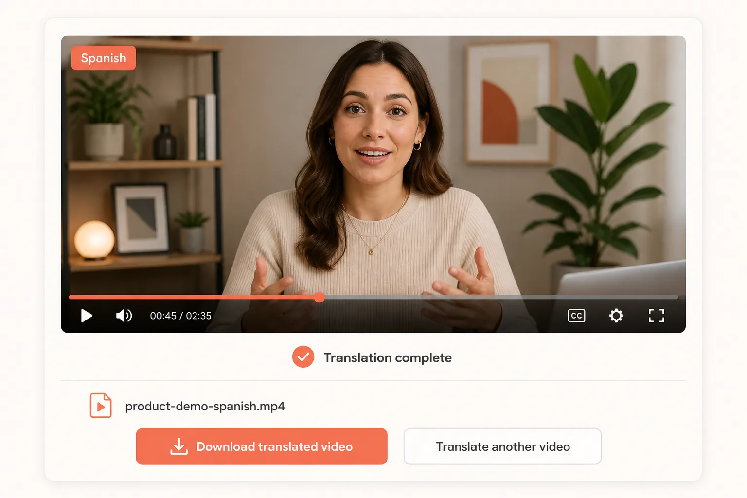 Completed Spanish video translation with a preview player and download button
