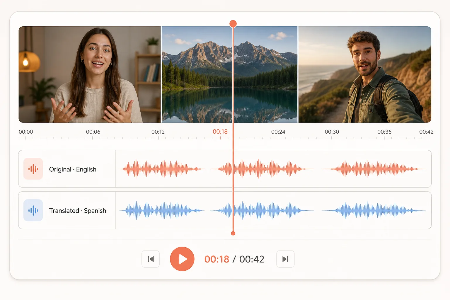 Original English and translated Spanish waveforms aligned beneath the same video scenes and playhead