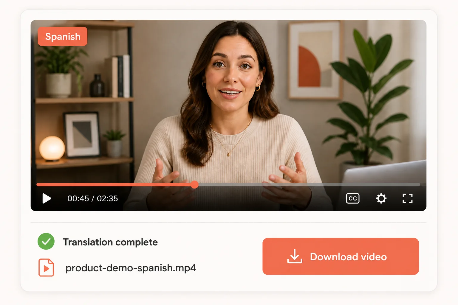 Completed Spanish video translation with a preview player and download-video button