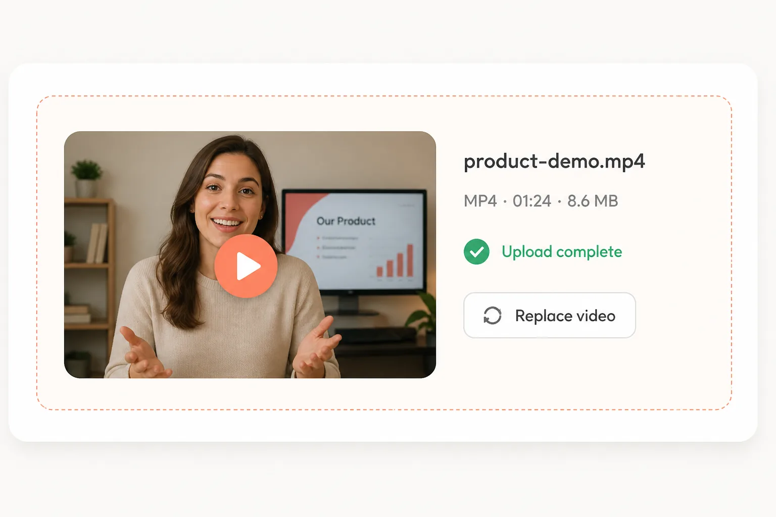 Uploaded product demo video with an 8.6MB file size and upload-complete confirmation