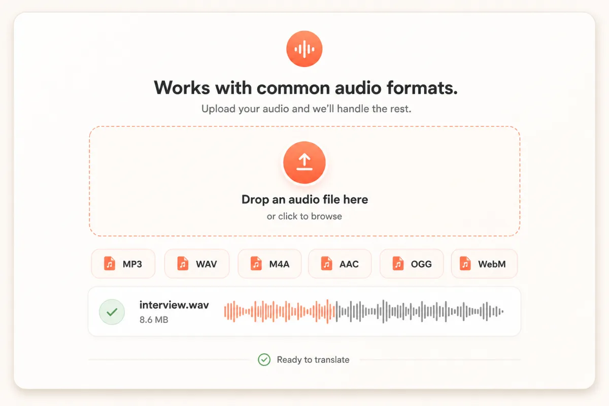 Audio translator upload interface showing the supported MP3, WAV, M4A, AAC, OGG, and WebM formats