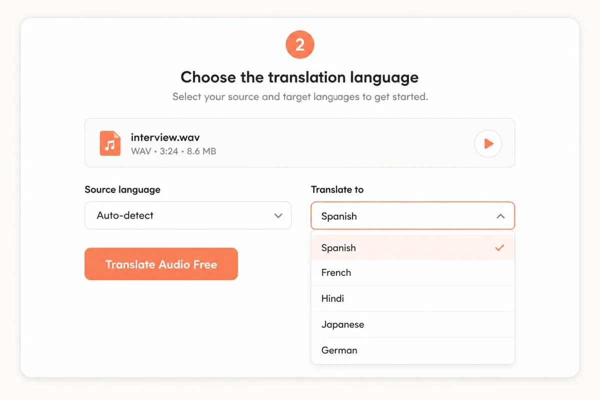 Step 2 audio translator controls with automatic source detection and Spanish selected