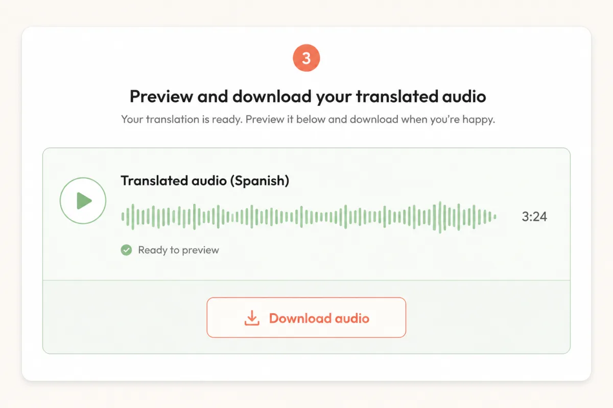 Step 3 translated Spanish audio result with preview and download controls