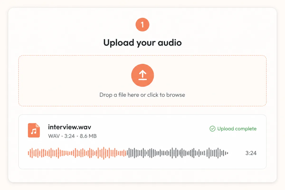 Audio upload interface with a Spanish WAV recording ready to process