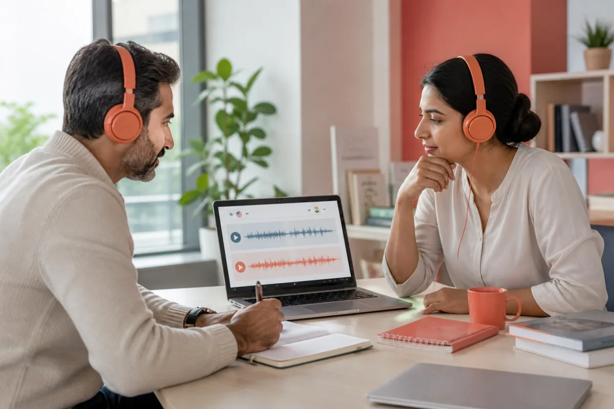 Educator and learner reviewing a Spanish lesson translated into English audio