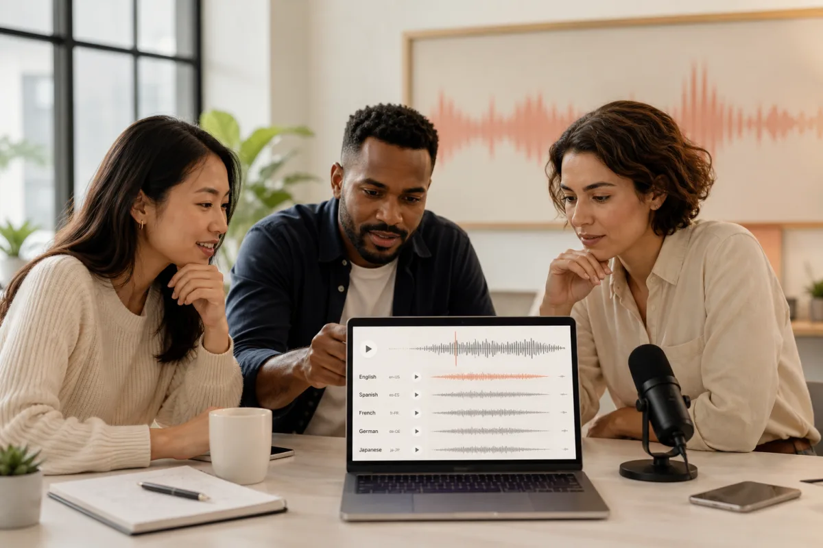Marketing team reviewing Spanish product audio localized for English-speaking customers