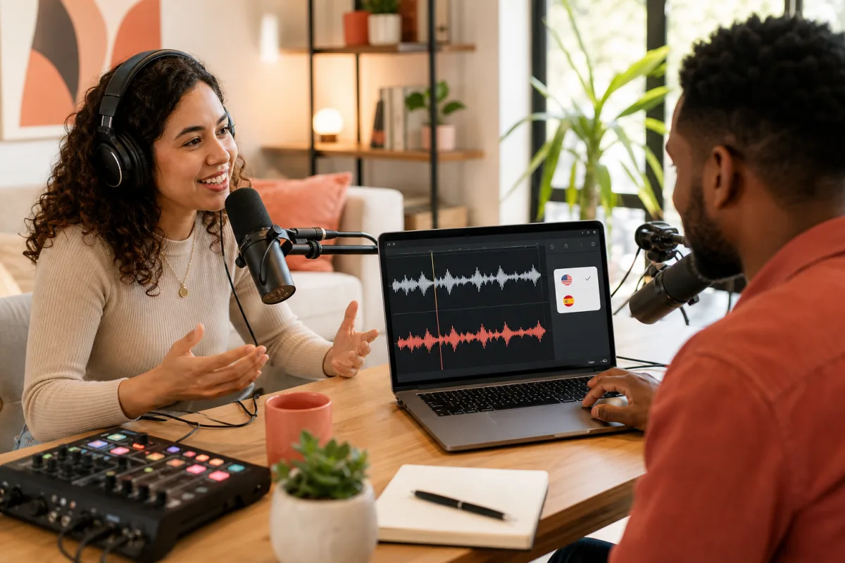 Podcast creators reviewing original Spanish and translated English audio waveforms