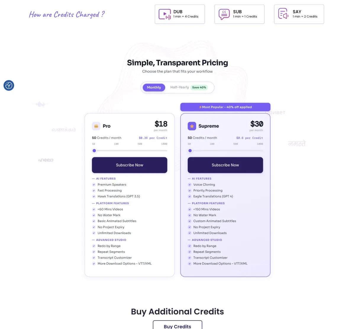 Dubverse pricing showing Pro at $18 per month with 50 credits and Supreme at $30 per month with 50 credits
