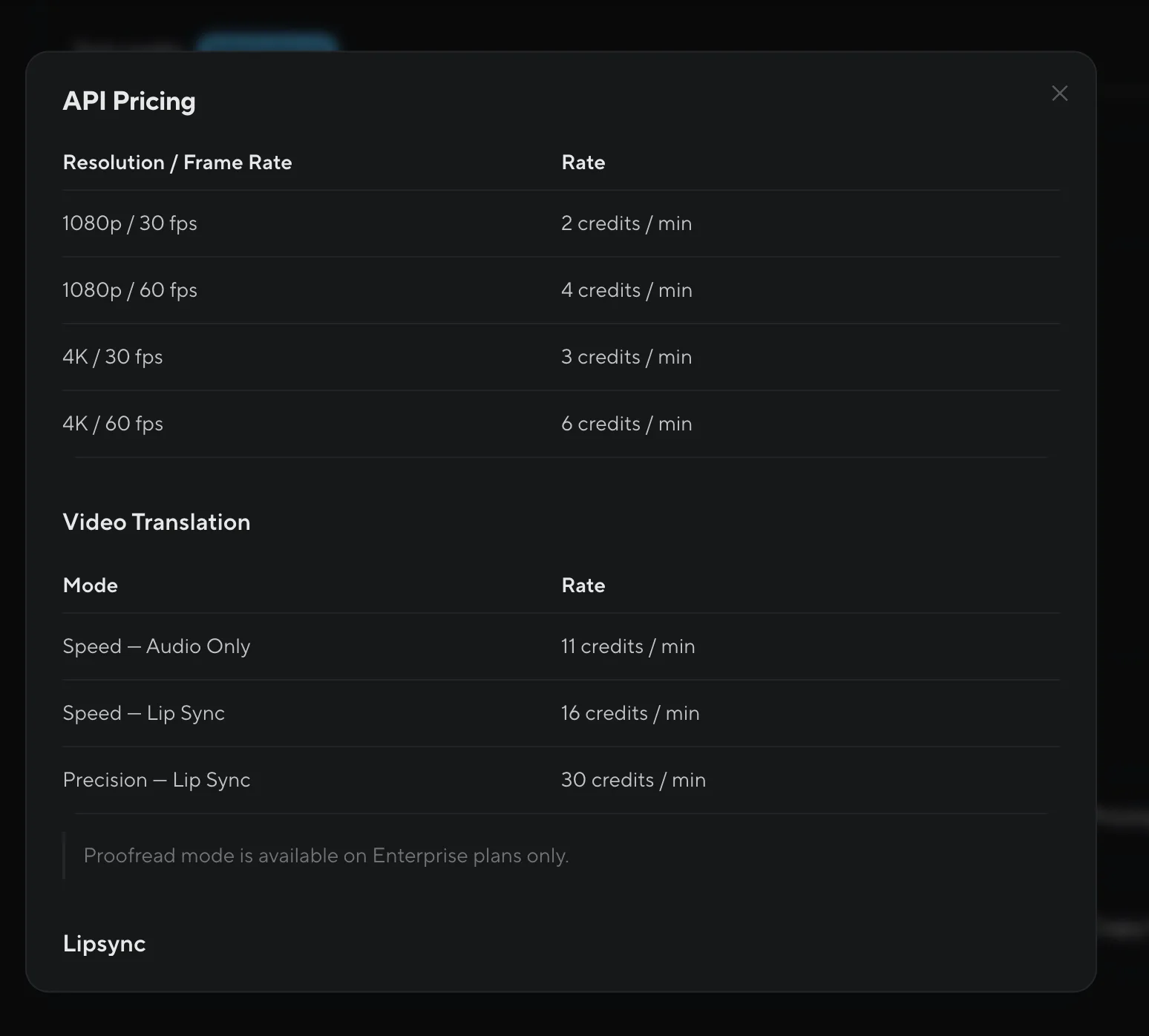 HeyGen API pricing modal showing video translation at 11 credits per minute for Speed audio only, 16 for Speed lip sync, and 30 for Precision lip sync