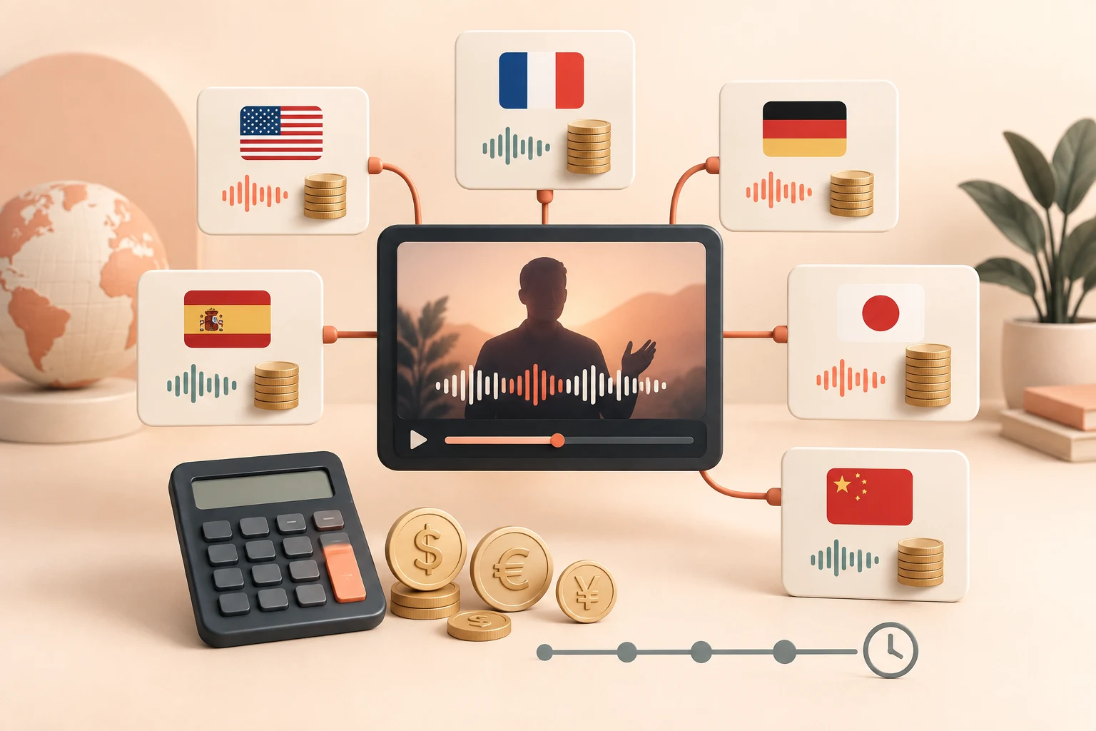 Video dubbing cost analysis with six translated language cards, audio waveforms, coins, and a calculator