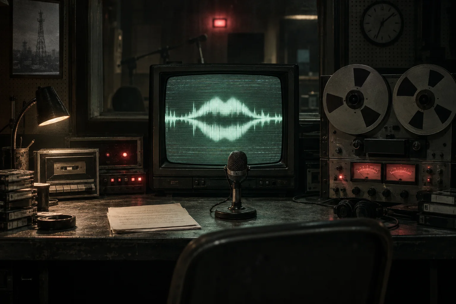 Vintage CRT showing a speech waveform beside a microphone and reel-to-reel recorder in a dark analog broadcast studio