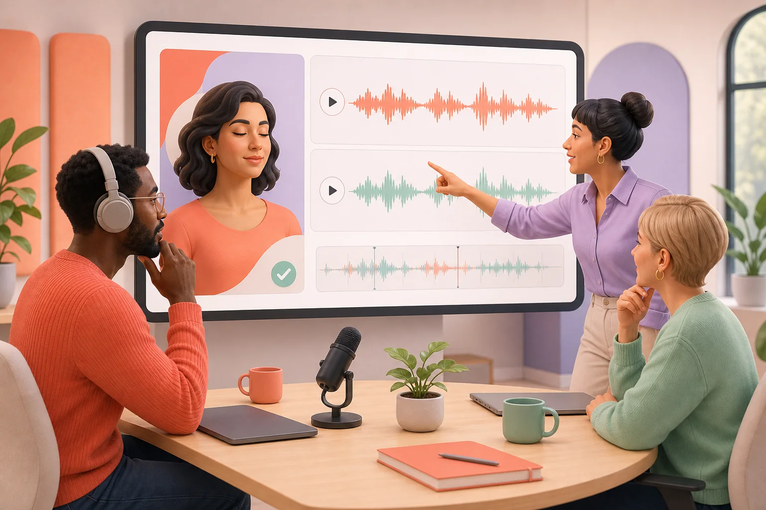 Creative team reviewing source and converted audio for a consented dubbing prototype