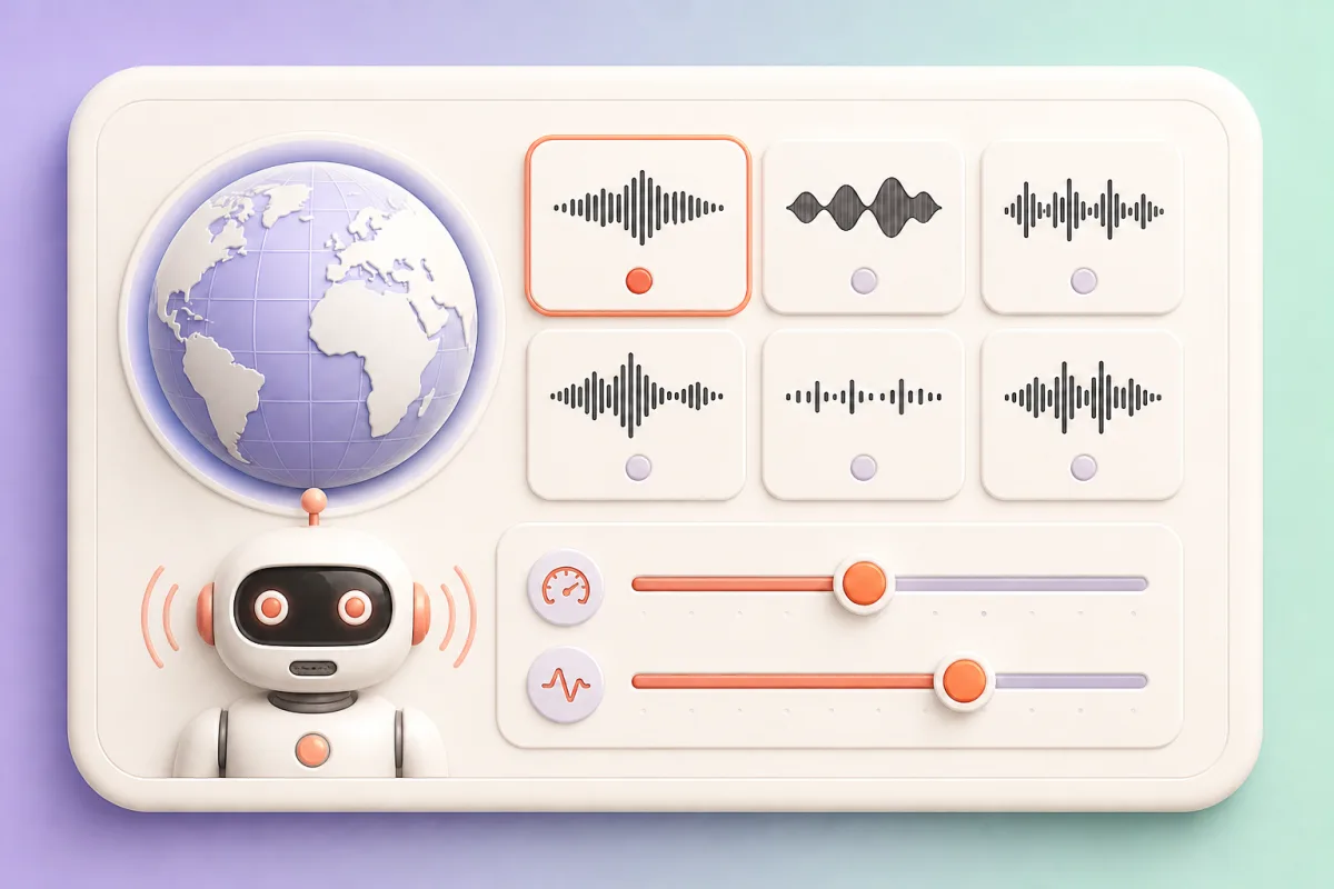 Friendly robot beside six distinct voice waveforms and speech rate and pitch sliders