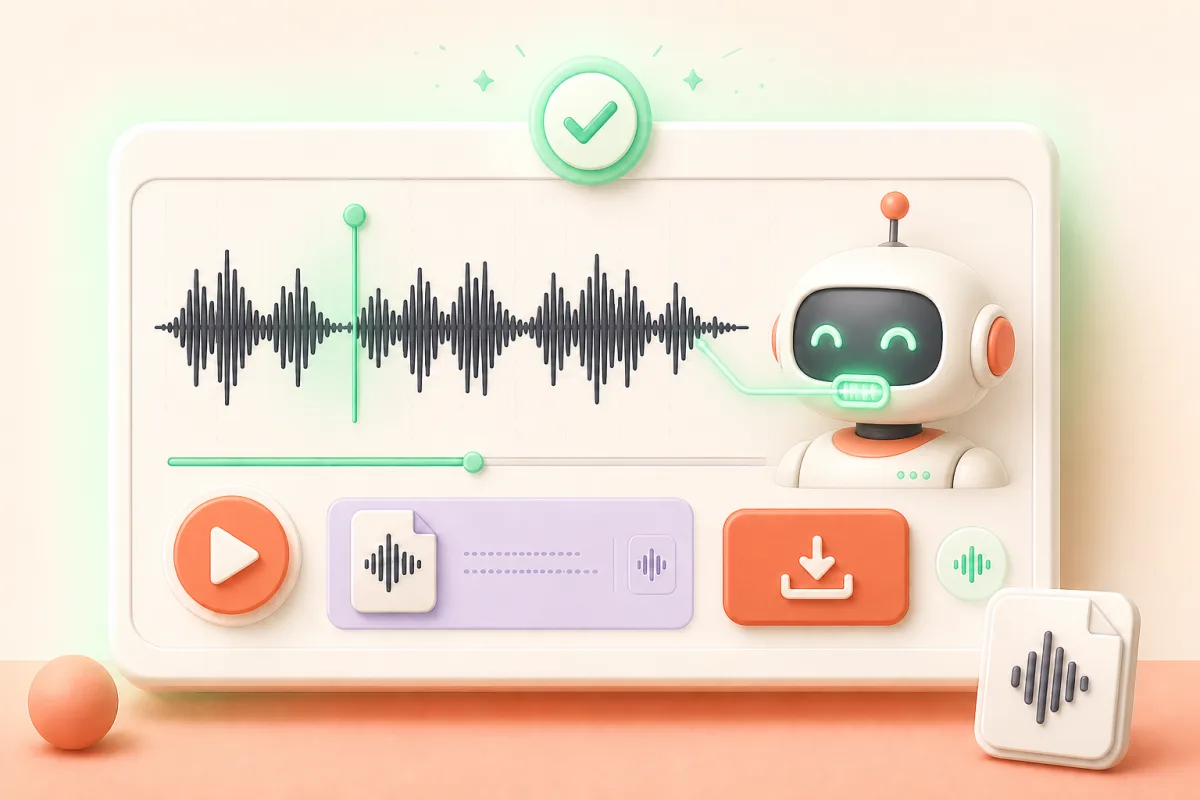 Friendly robot speaking beside a completed waveform, playback control, and WAV download