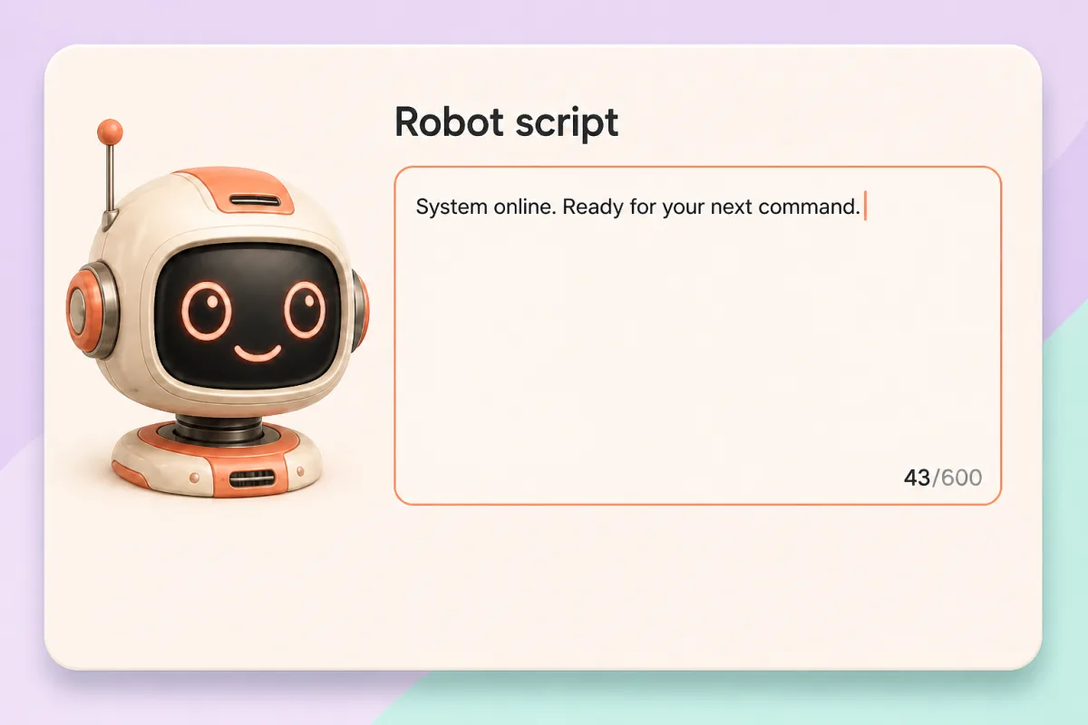 Friendly robot beside a Robot script field containing a short command and a 43 of 600 character counter
