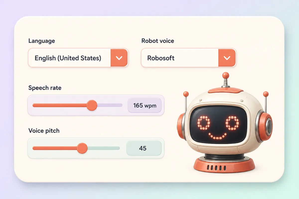 Language and Robosoft voice selectors with speech rate and pitch controls beside a friendly robot