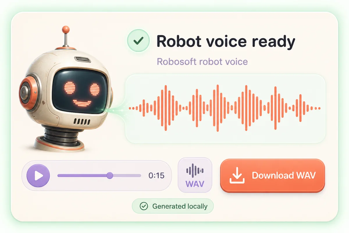 Completed Robosoft robot voice waveform with playback, local generation status, and Download WAV button