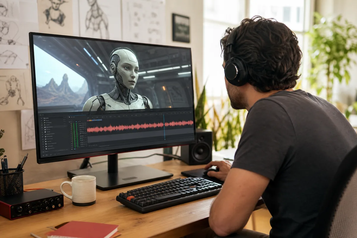 Indie game designer reviewing an android character scene and robot dialogue waveform