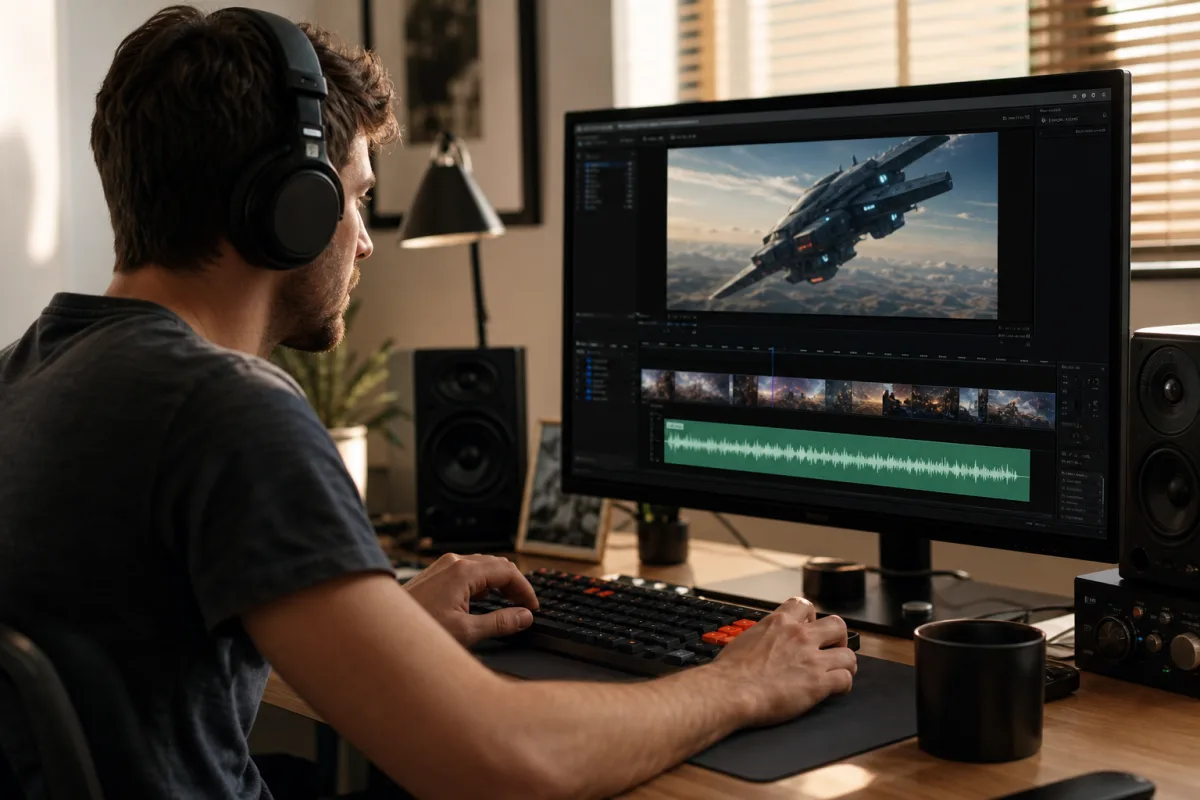 Video creator editing a science-fiction clip with a generated robot narration track