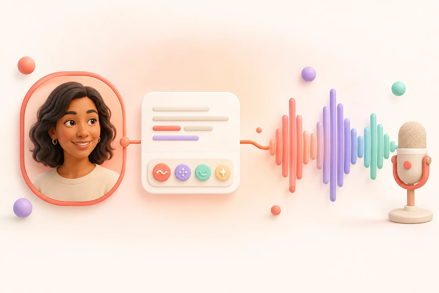 Custom voice design flowing from a speaker profile and prompt controls into a colorful speech waveform