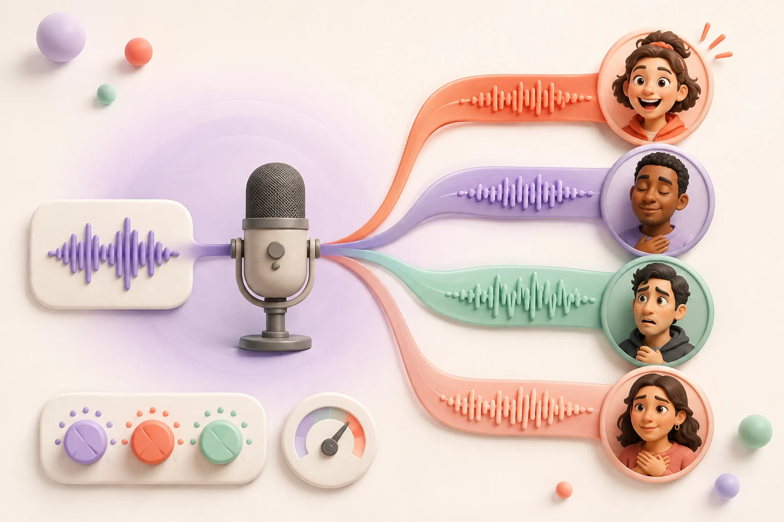 One microphone producing distinct energetic, calm, worried, and warm emotional speech deliveries