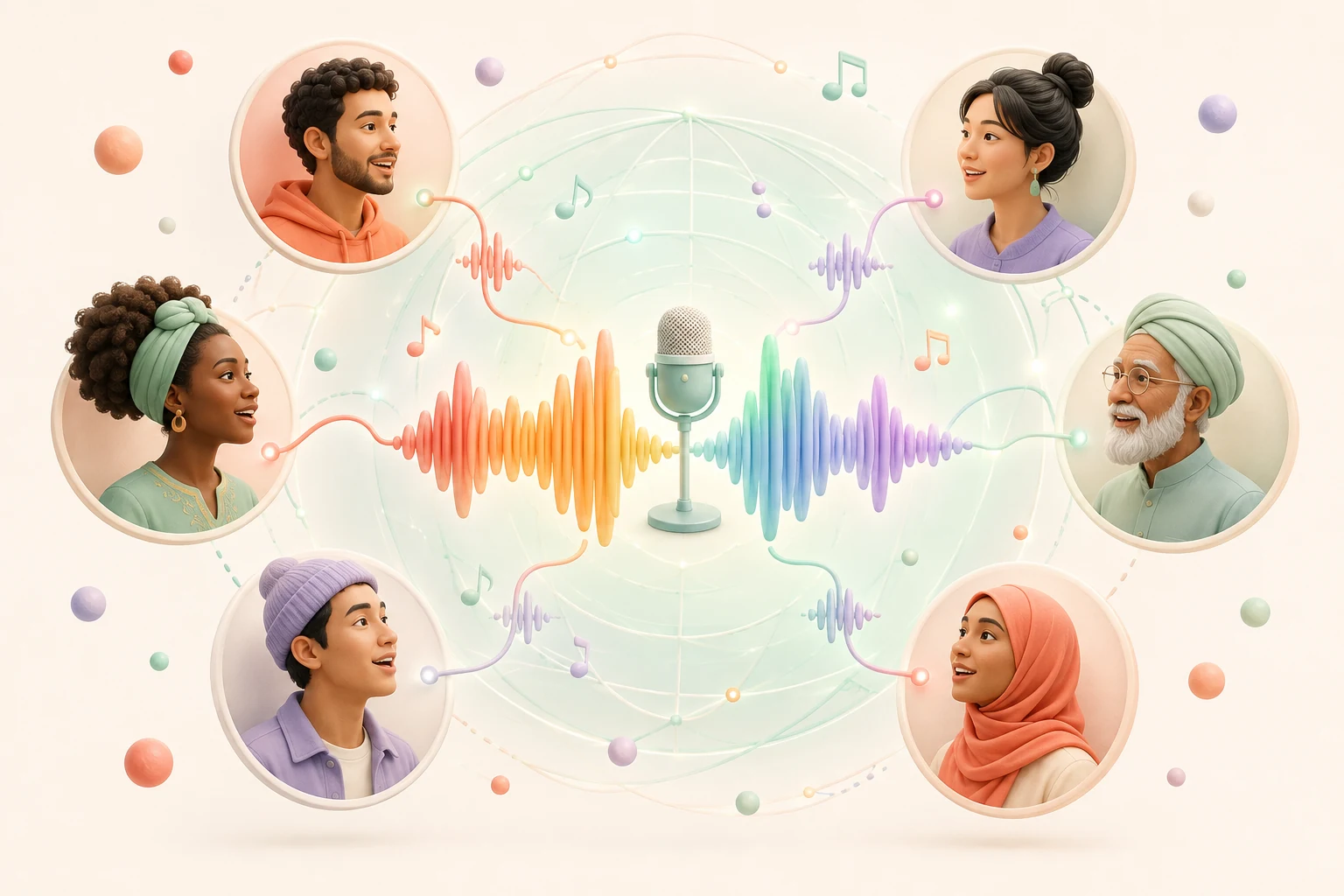 Diverse speakers connected through a central microphone and multilingual speech waveforms