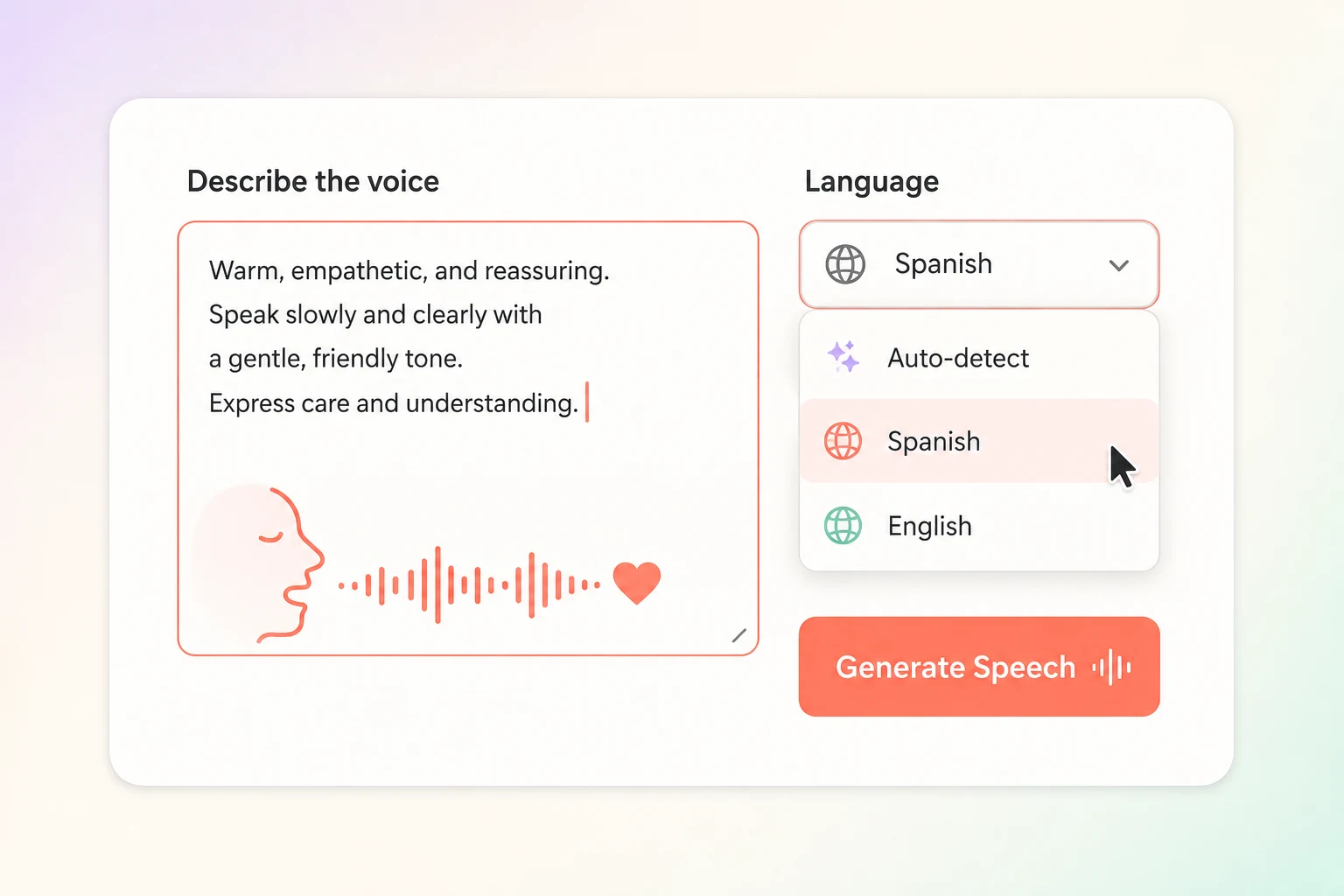 Voice description field with emotional direction and a language selector set to Spanish