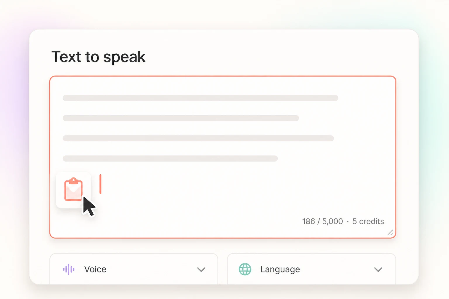 Text to speak field with a pasted script and character credit counter