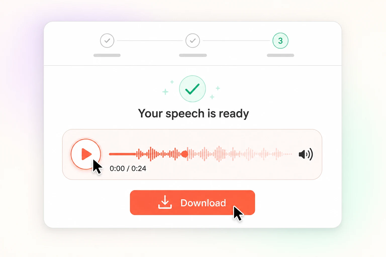 Completed text to speech result with audio preview and download controls
