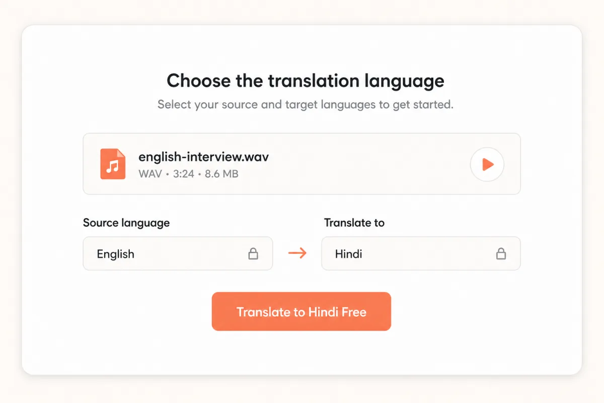Voice translator controls with English selected as the source and Hindi selected as the target
