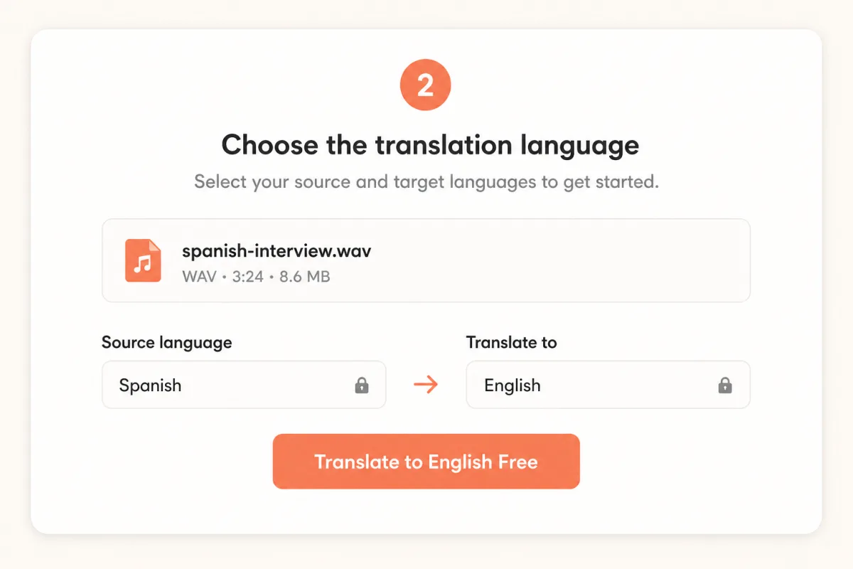 Voice translator controls with Spanish selected as the source and English selected as the target